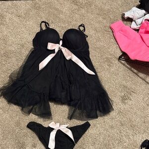Victoria's Secret Black Babydoll Set with Pink Bow
